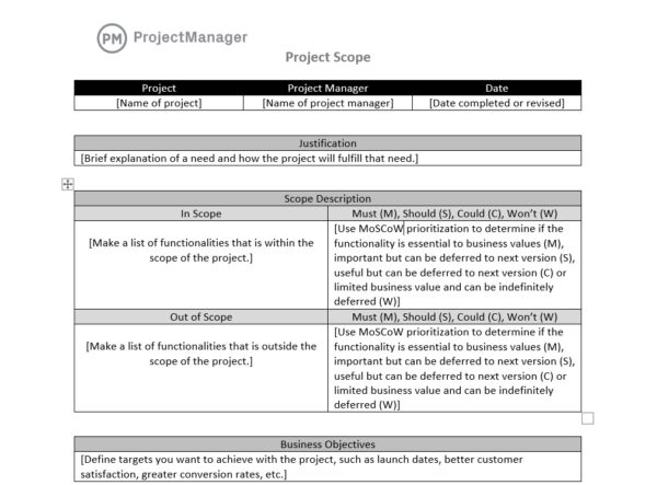 project scope template for managing scope in the triple constraint