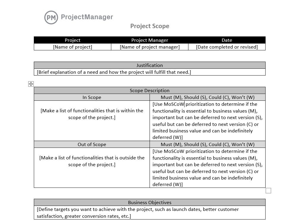 Scope statement template in ProjectManager