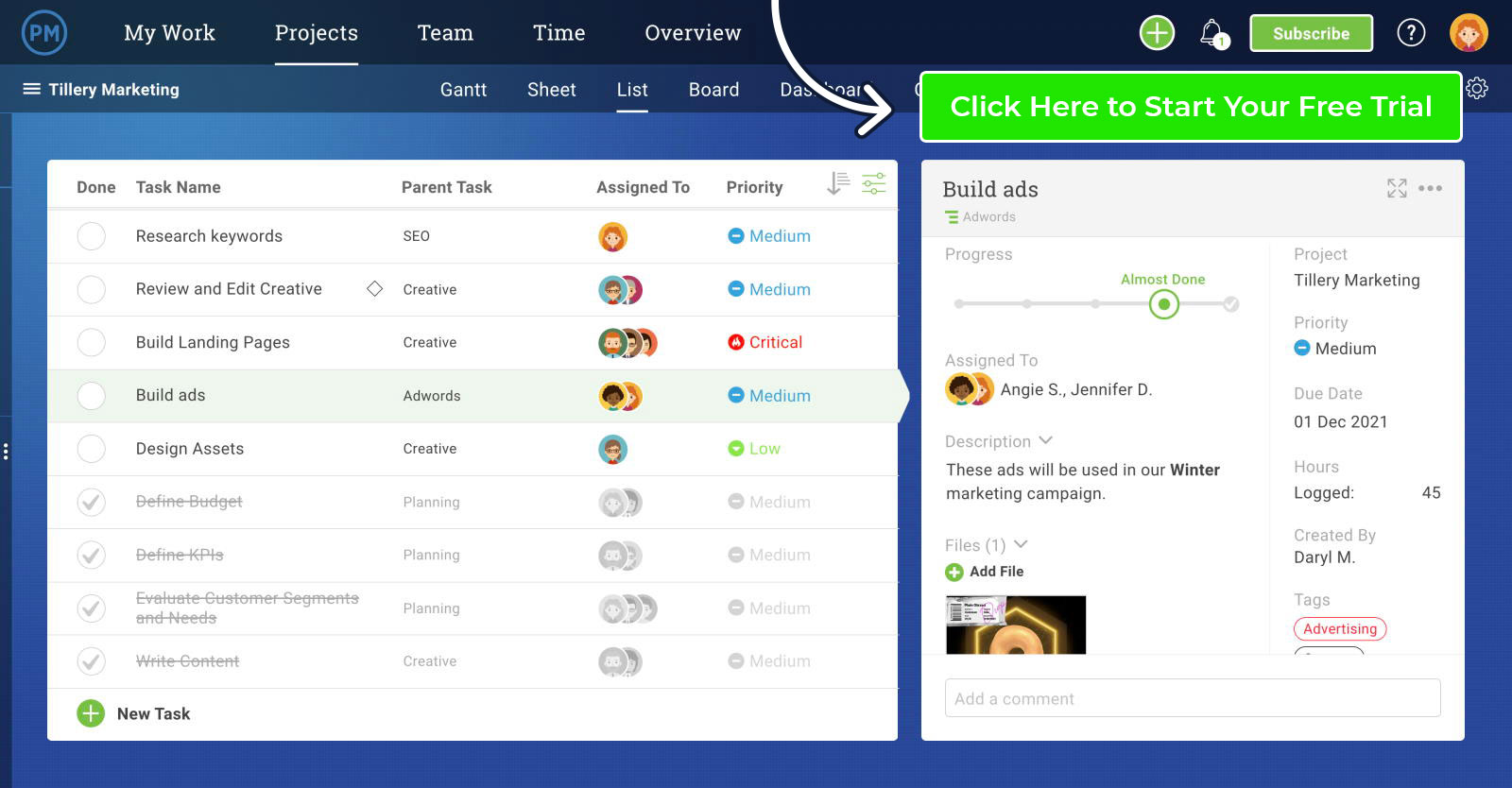 work management platform with task list