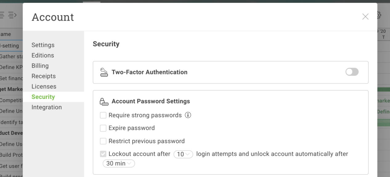 A screenshot of the security settings in ProjectManager, with the new two-factor authentication feature displayed