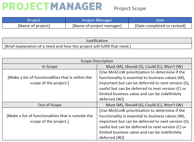free project scope template for Word