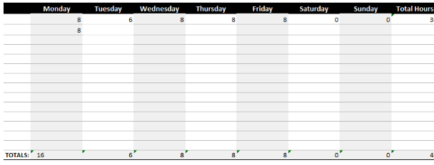 Weekly work schedule template with hours identified by employee