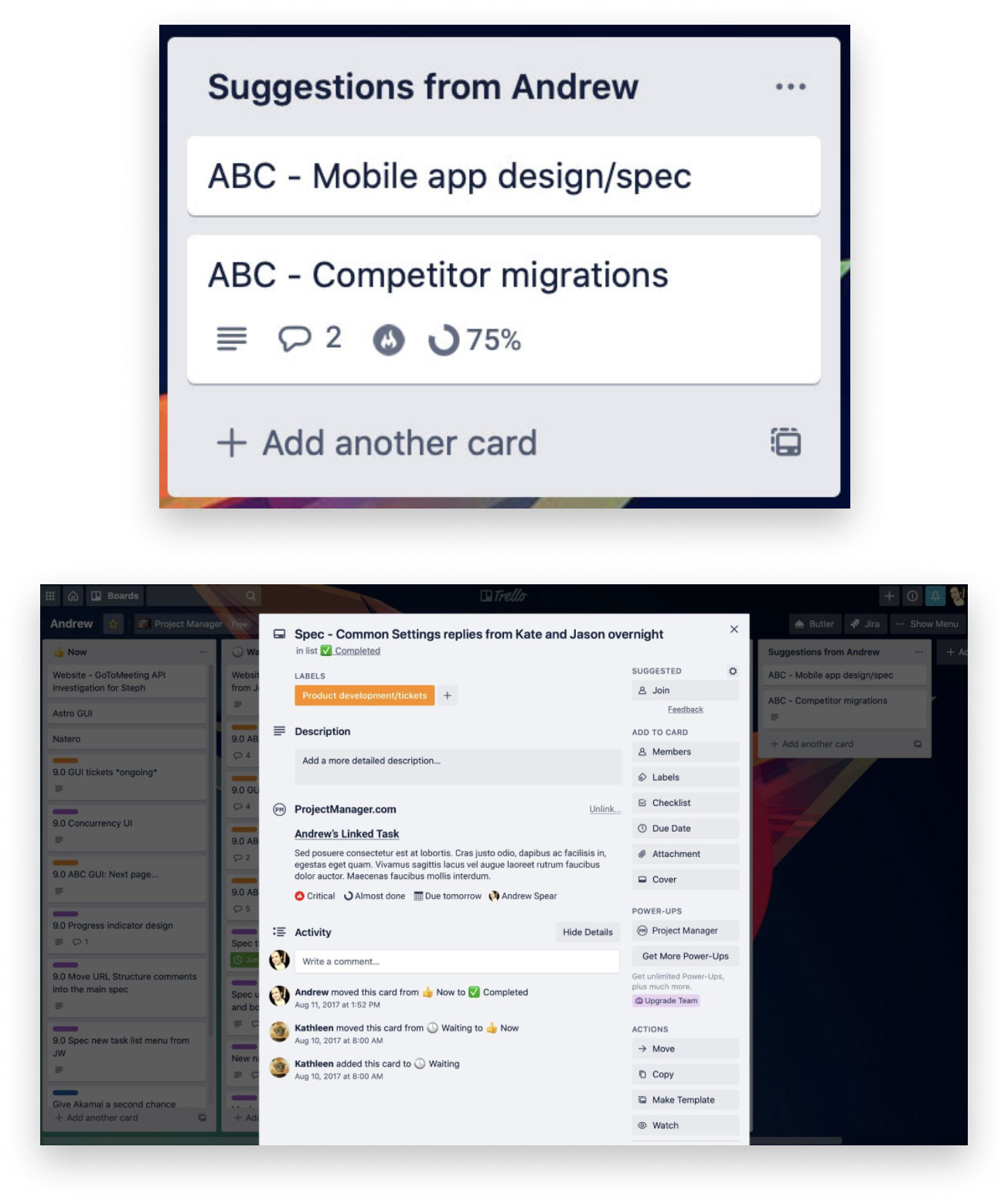 Two screenshots superimposed on top of each other. The top shows a screenshot of Trello attached to ProjectManager. You can choose a task to display in Trello. The second screenshot shows a task from ProjectManager displayed in Trello.