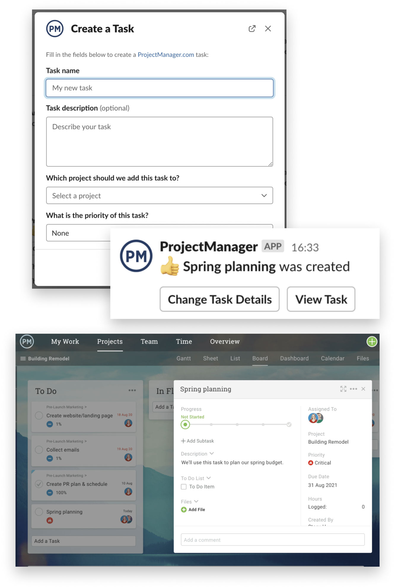Three screenshots of the ProjectManager and Slack integration, superimposed onto each other. The top screenshot displays the 'Create a Task' screen in Slack. The second is a confirmation message in Slack that the task was created. The third image is that task being displayed in ProjectManager.