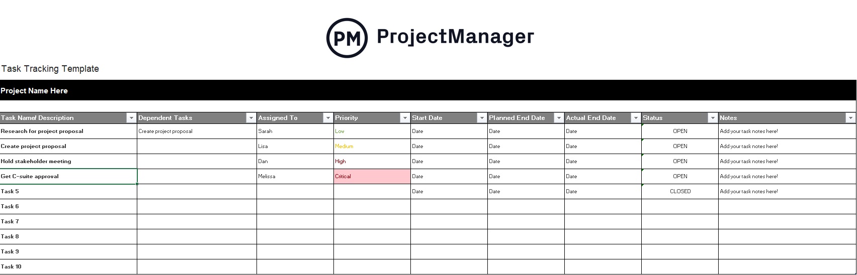 ProjectManager's free task tracking template