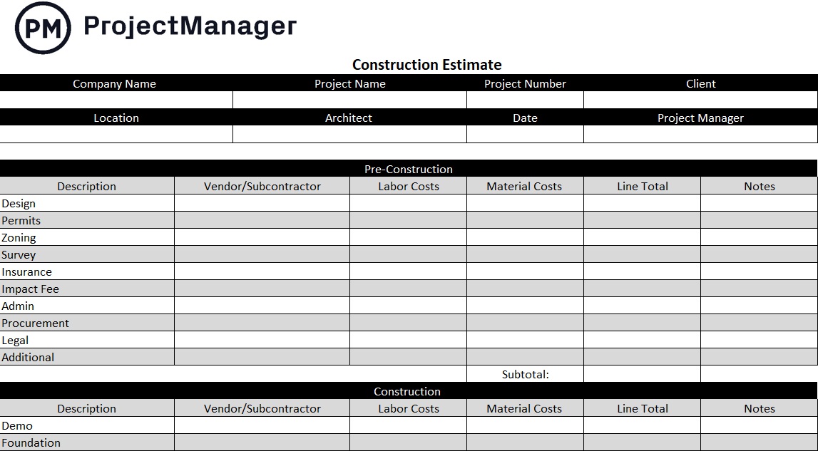 ProjectManager's free construction estimate template for Excel