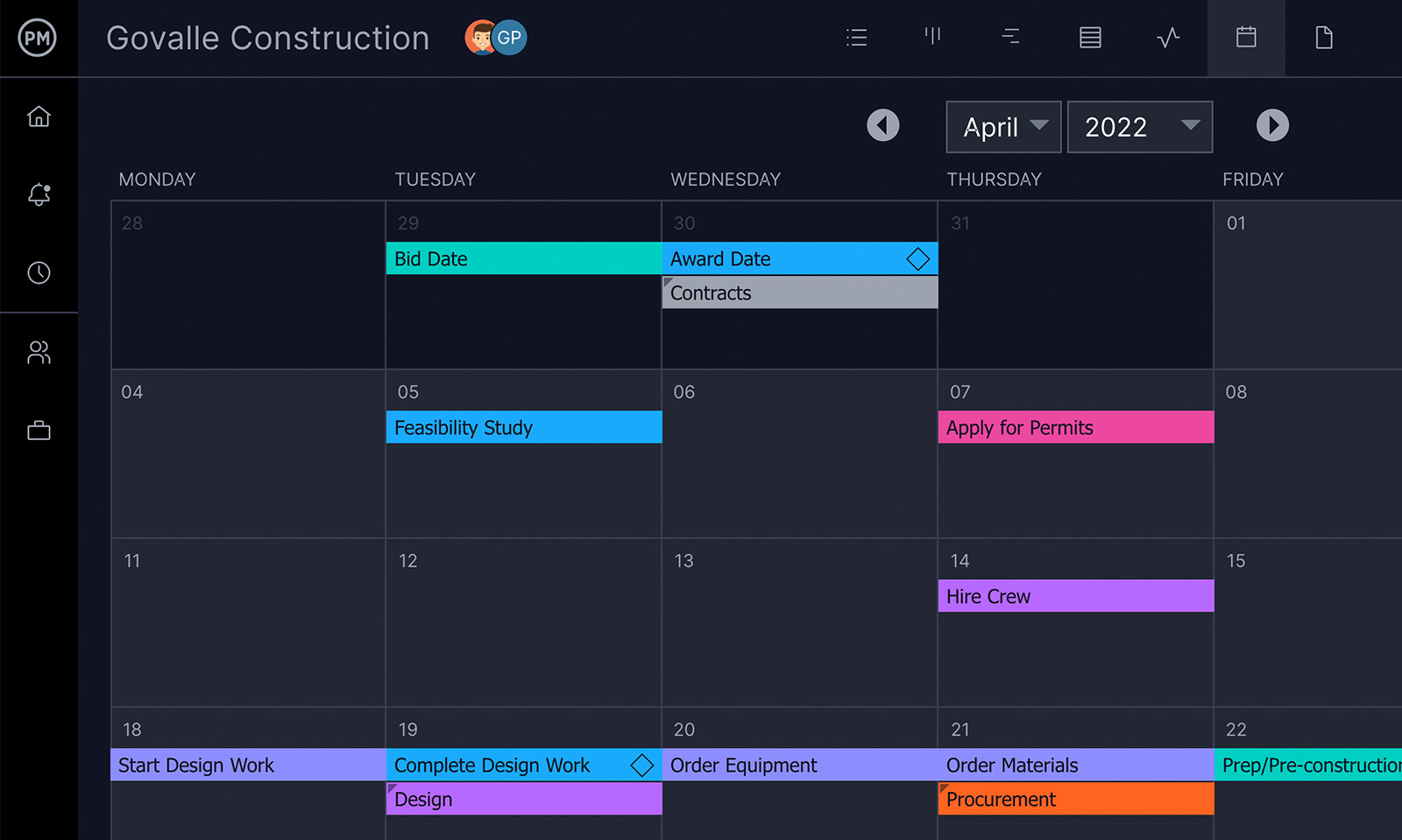 Project creator with project calendars
