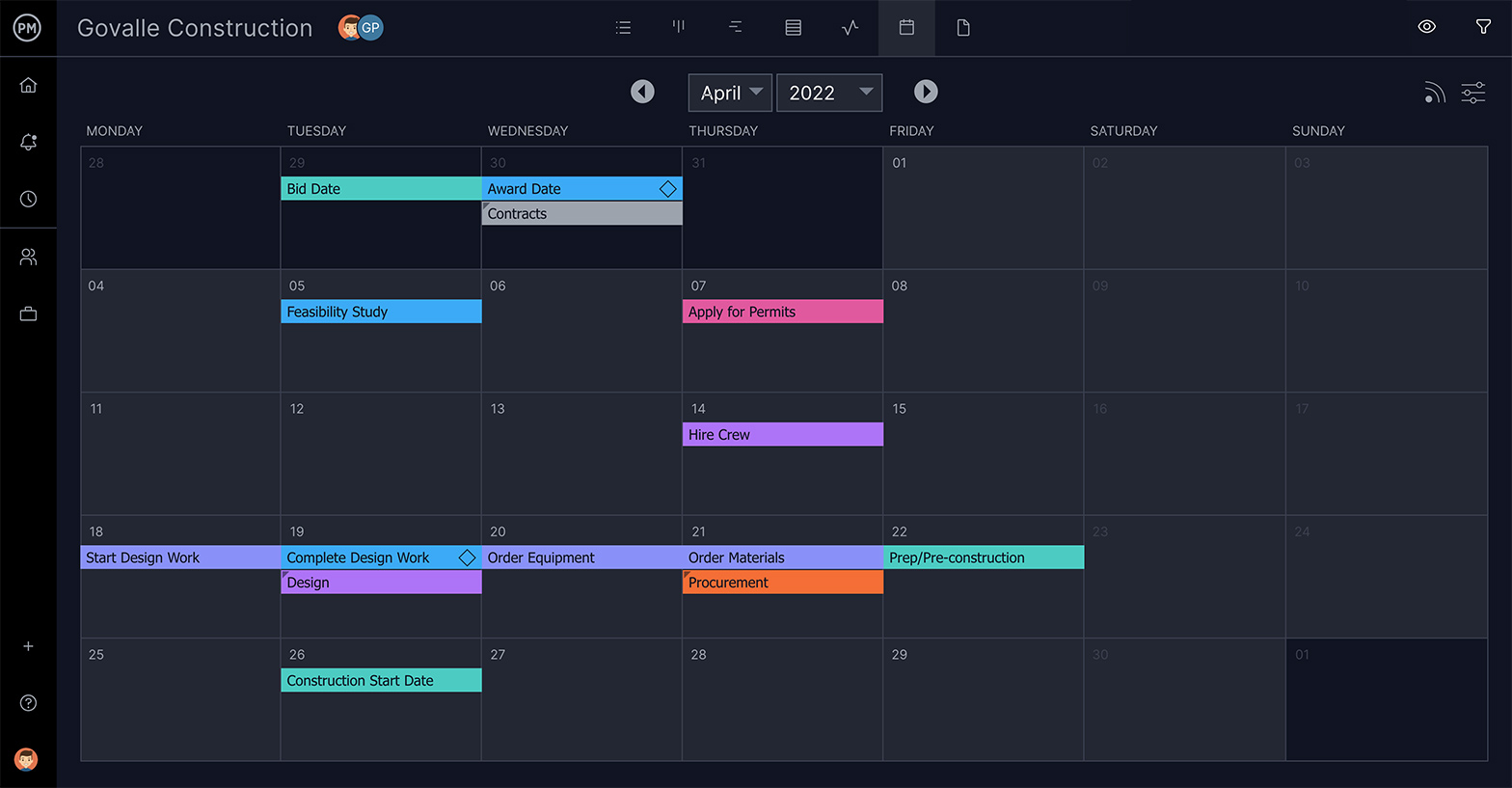 A screenshot of the scheduling features in a gantt chart in ProjectManager.com