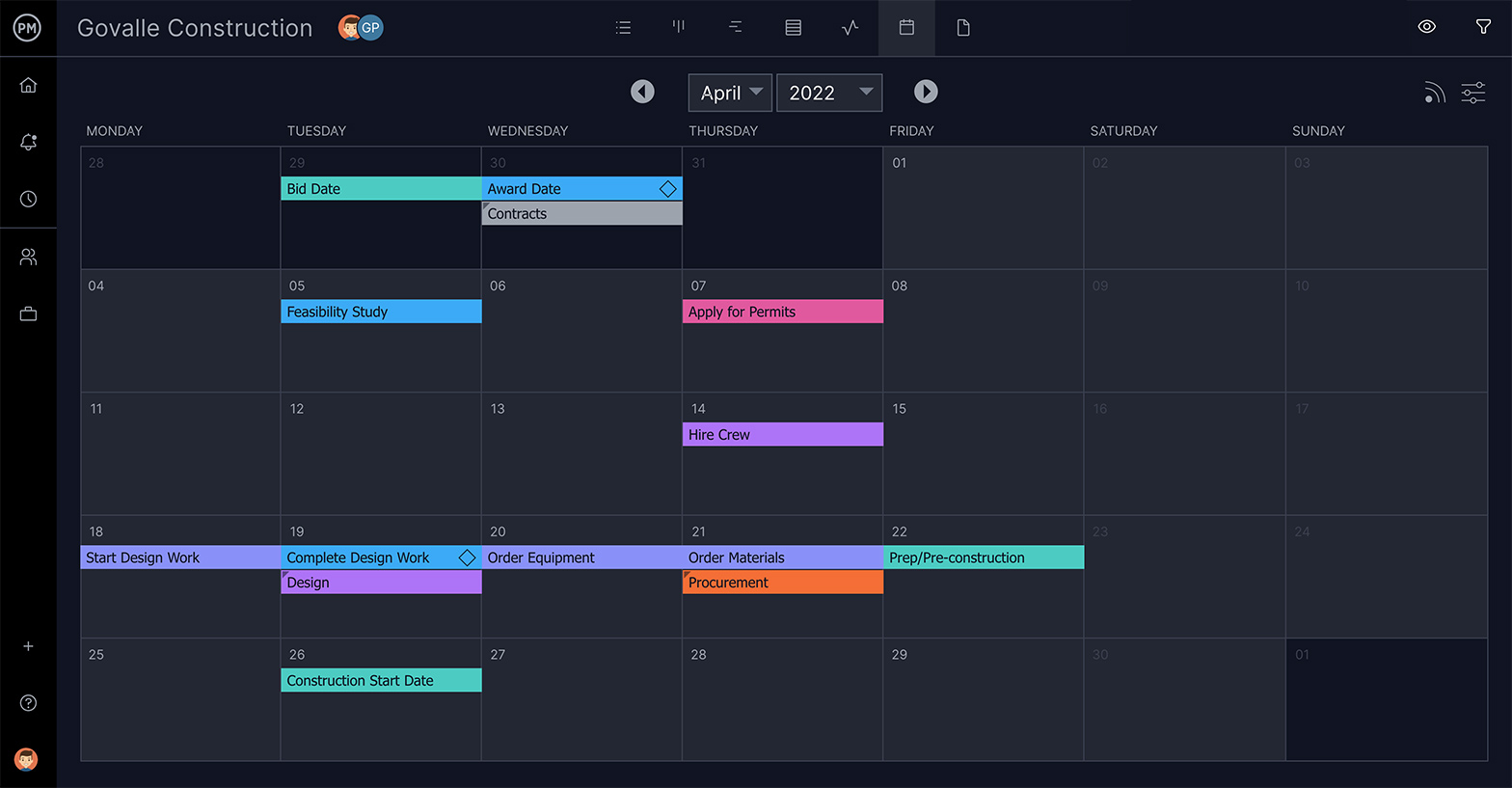 ProjectManager has multiple project views such as project calendars to help with requirements gathering