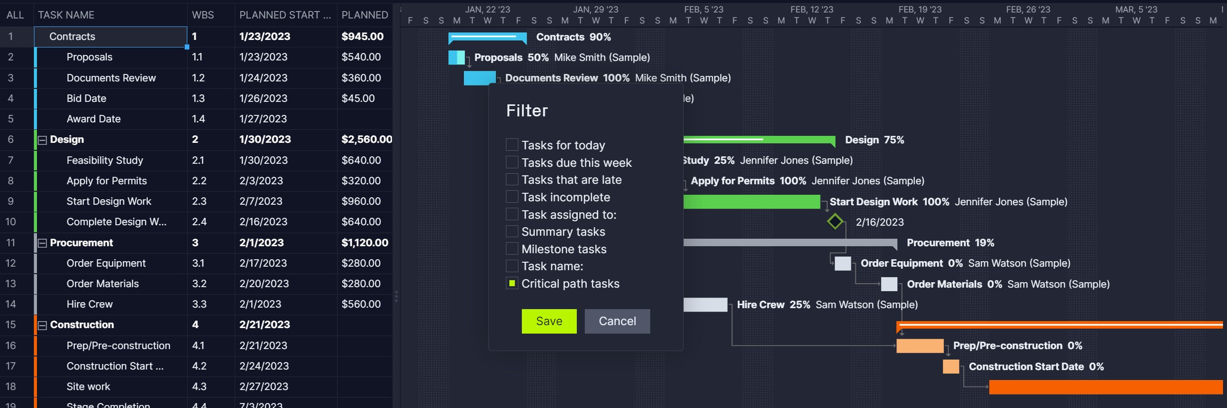 Filter for critical path on a Gantt chart