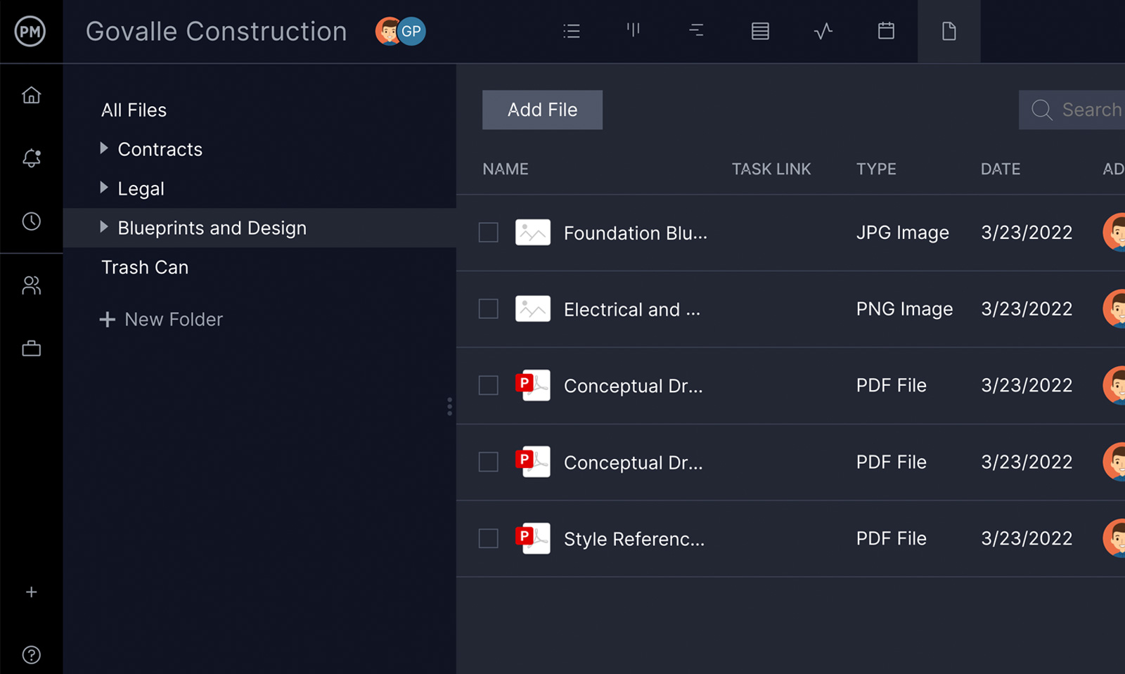 ProjectManager's file sharing interface