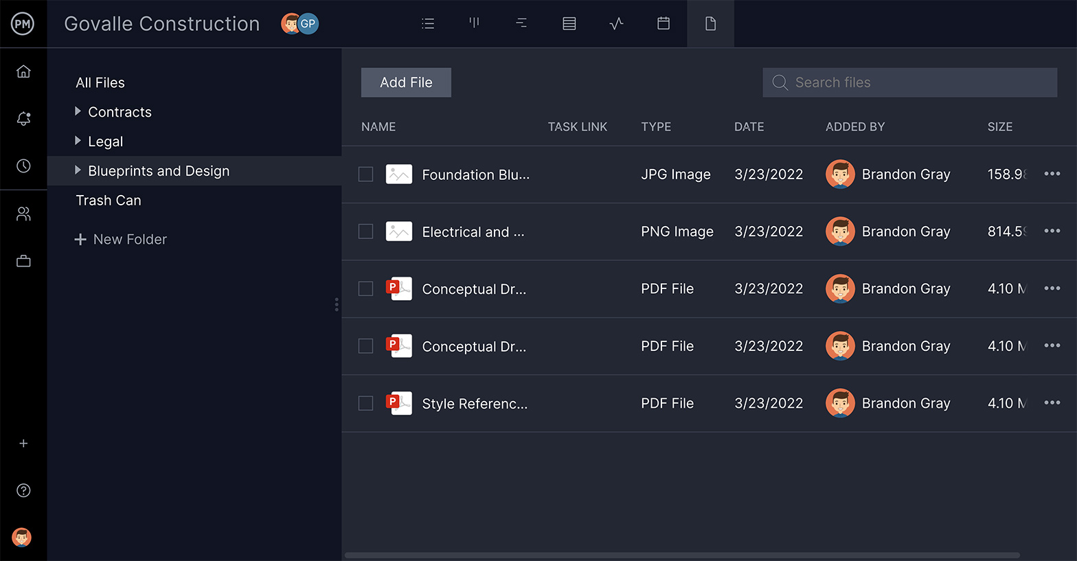 A screenshot of Gantt File Sharing on the Gantt chart in ProjectManager.com