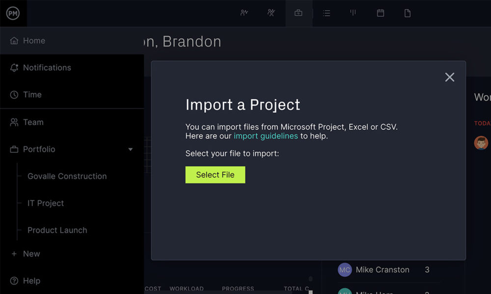 ProjectManager's file import pop up showing on the project planning software screen