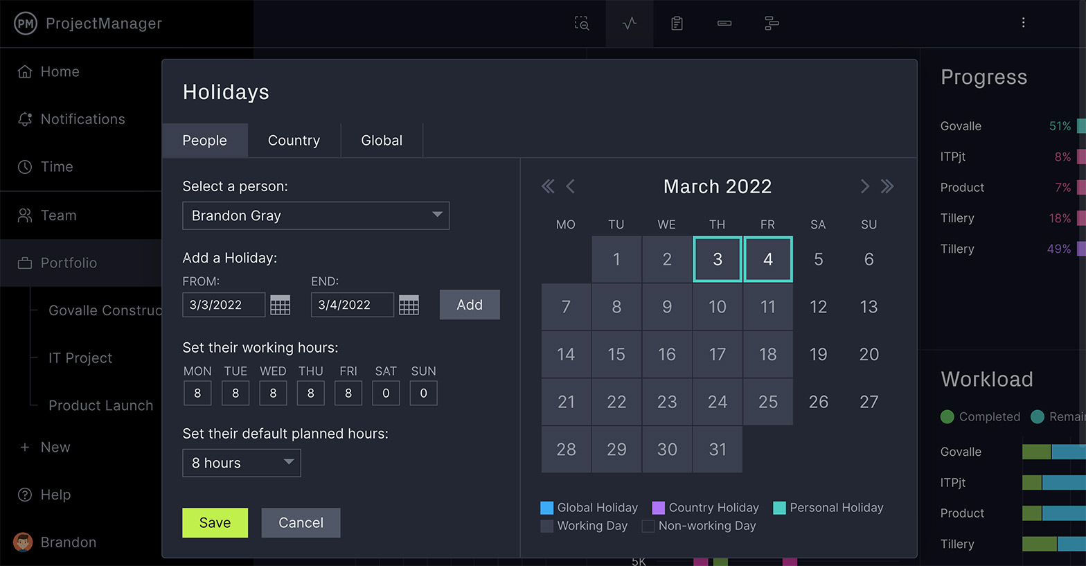 ProjectManager's personal holiday's page, a project planning tool
