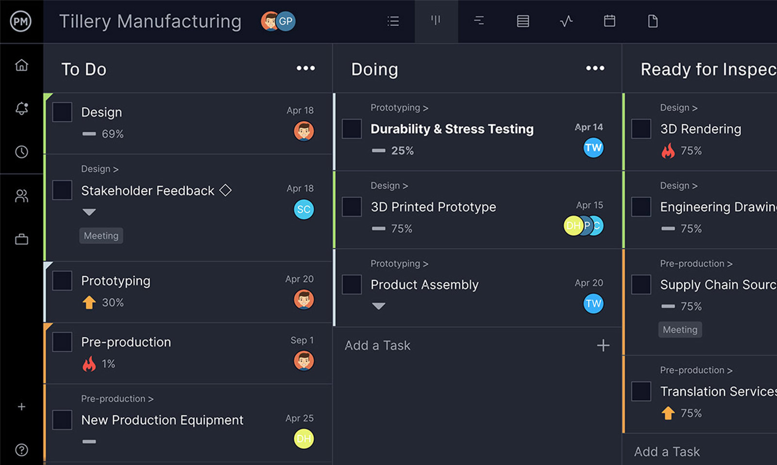 ProjectManager's project planning software showing a kanban board for a manufacturing project