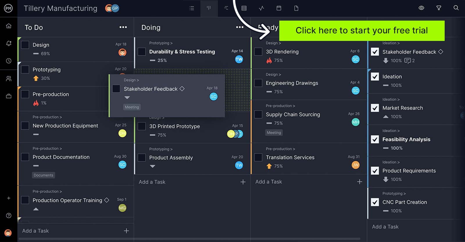 A screenshot of a kanban board in ProjectManager