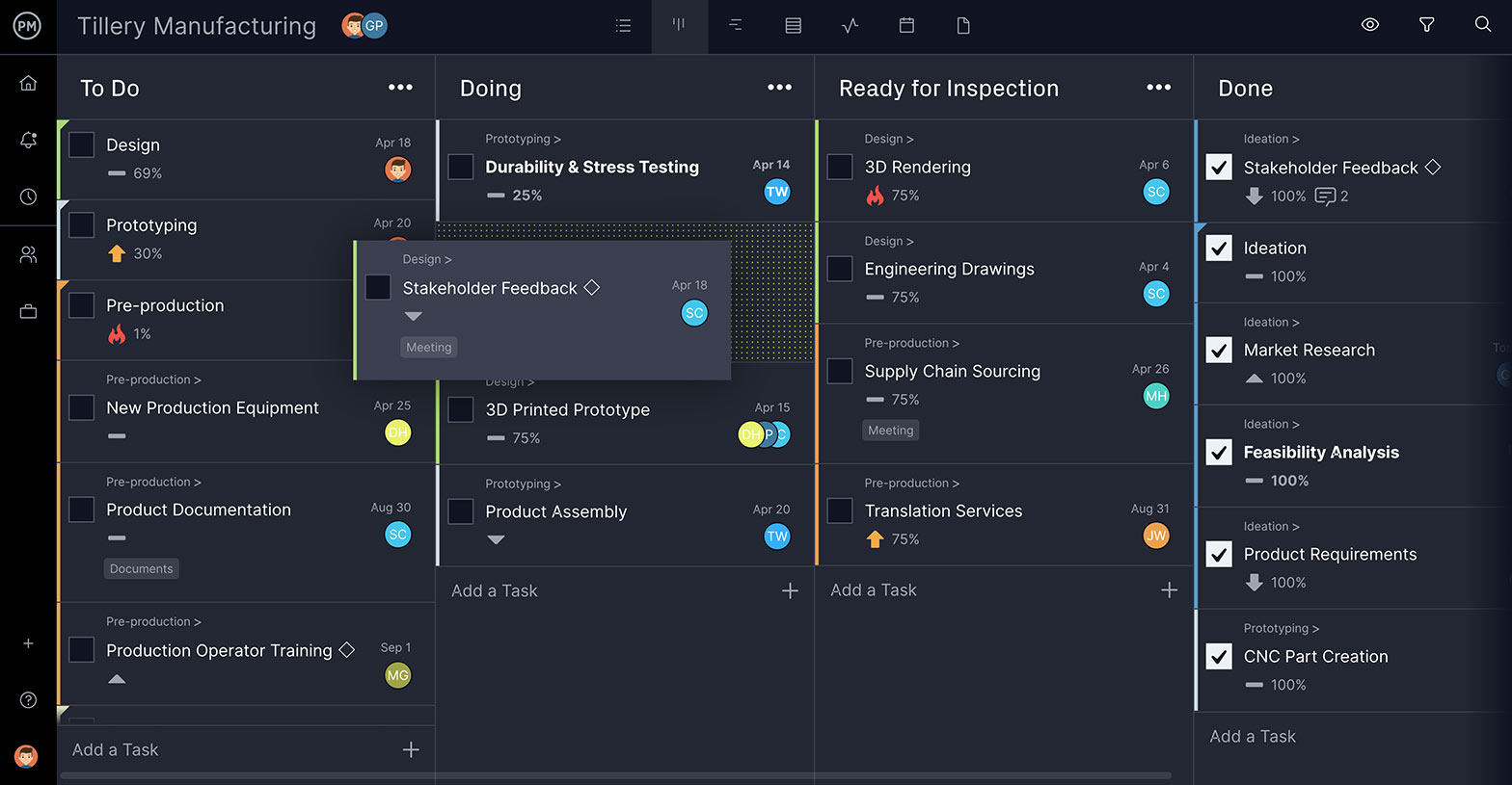 A screenshot of ProjectManager's kanban board view, displaying an IT Project