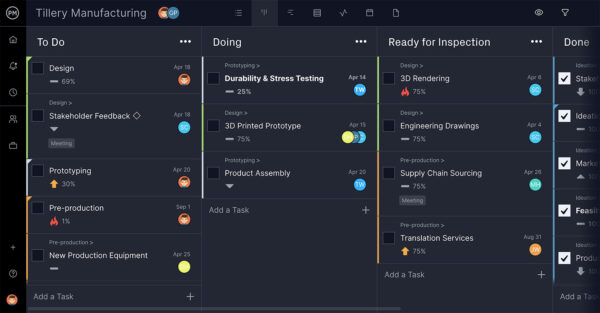 Standard kanban board setup in projectmanager's software