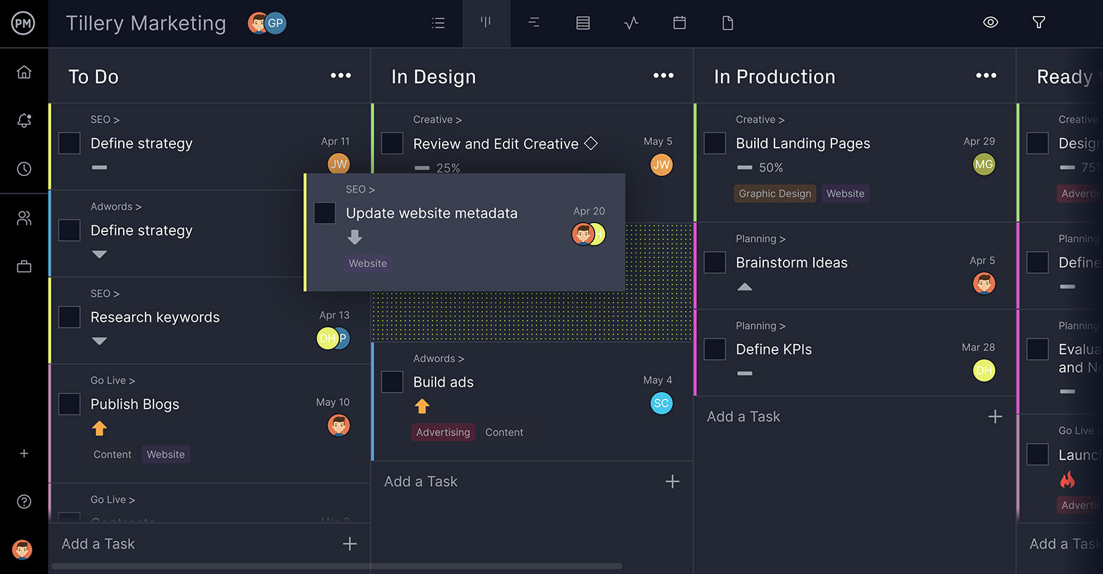 A zoomed in screenshot of ProjectManager.com’s kanban view