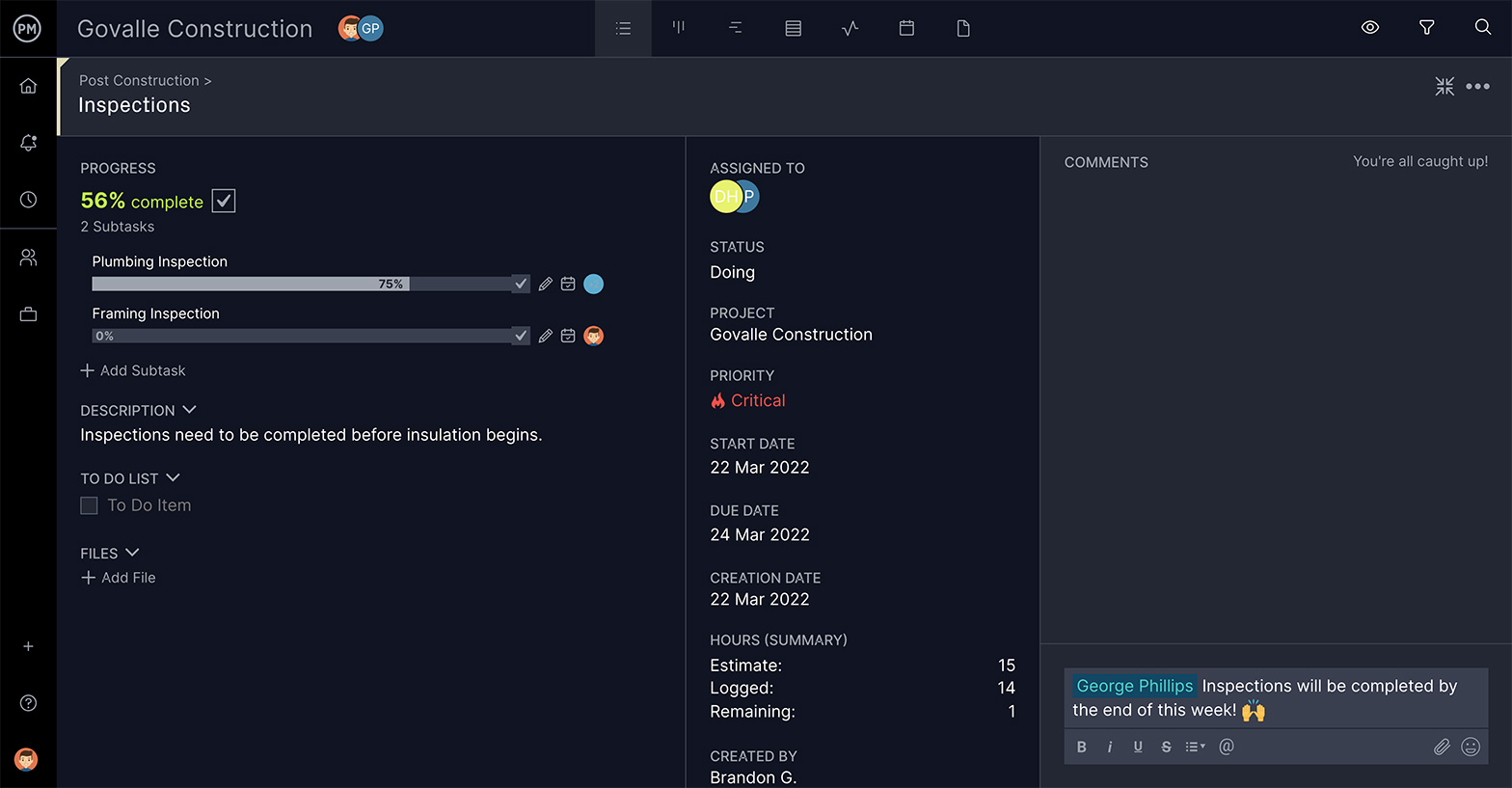 ProjectManager's task card with collaboration