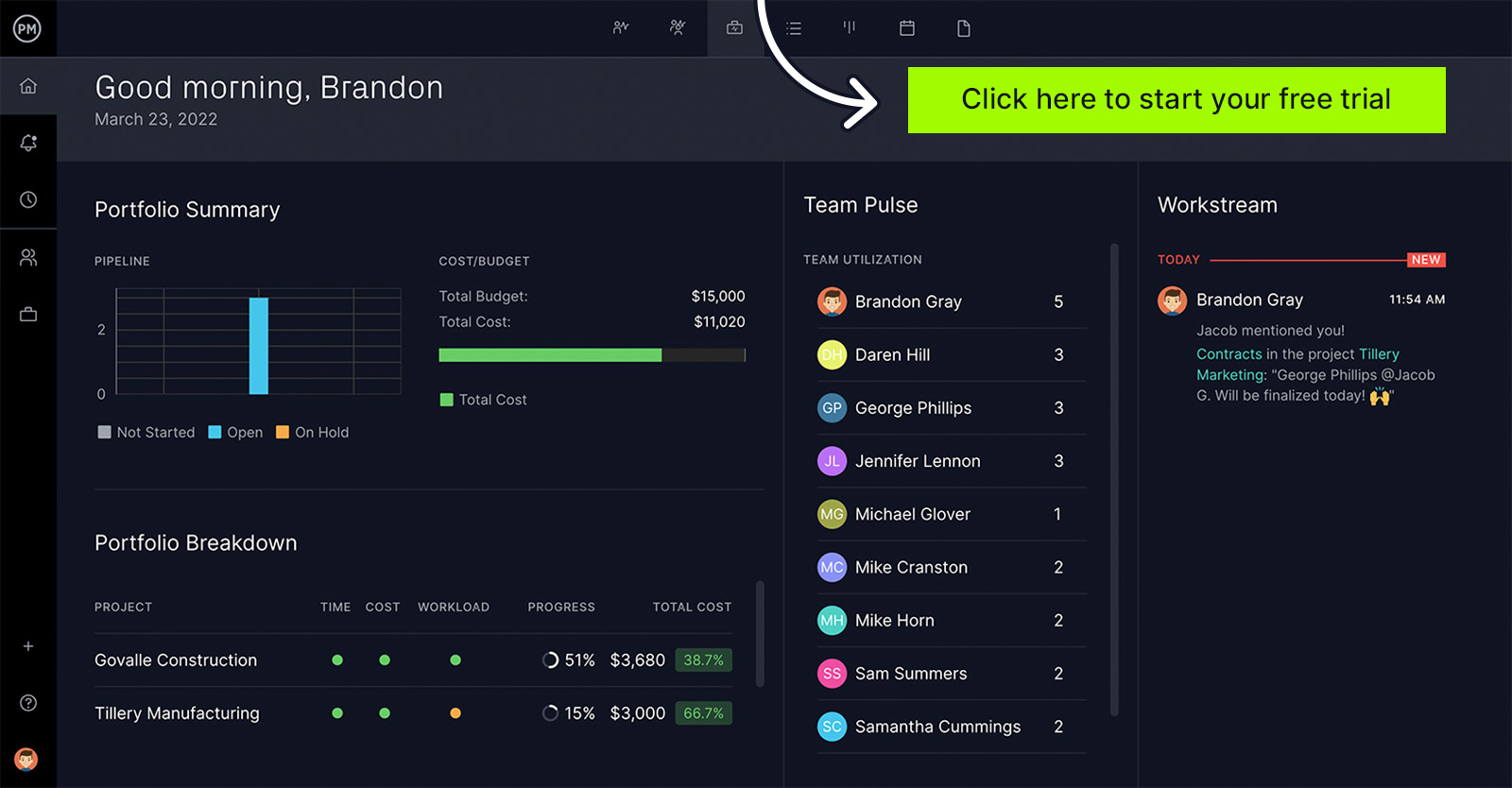 A screenshot of the home view in ProjectManager