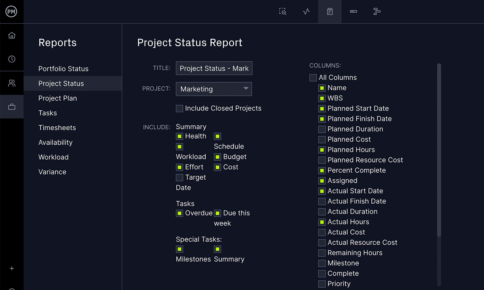 Project report software status report screen