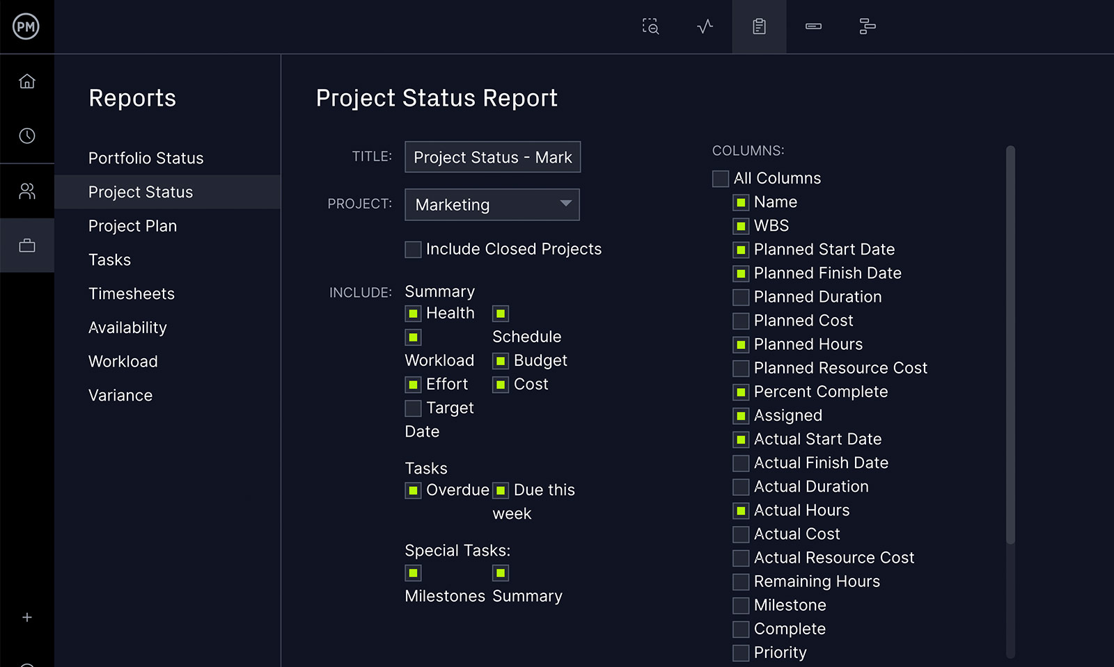 ProjectManager's status report filter