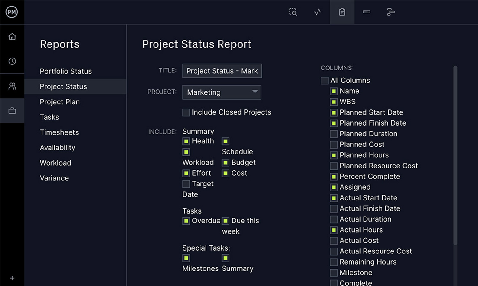 a screenshot of the status report screen in ProjectManager