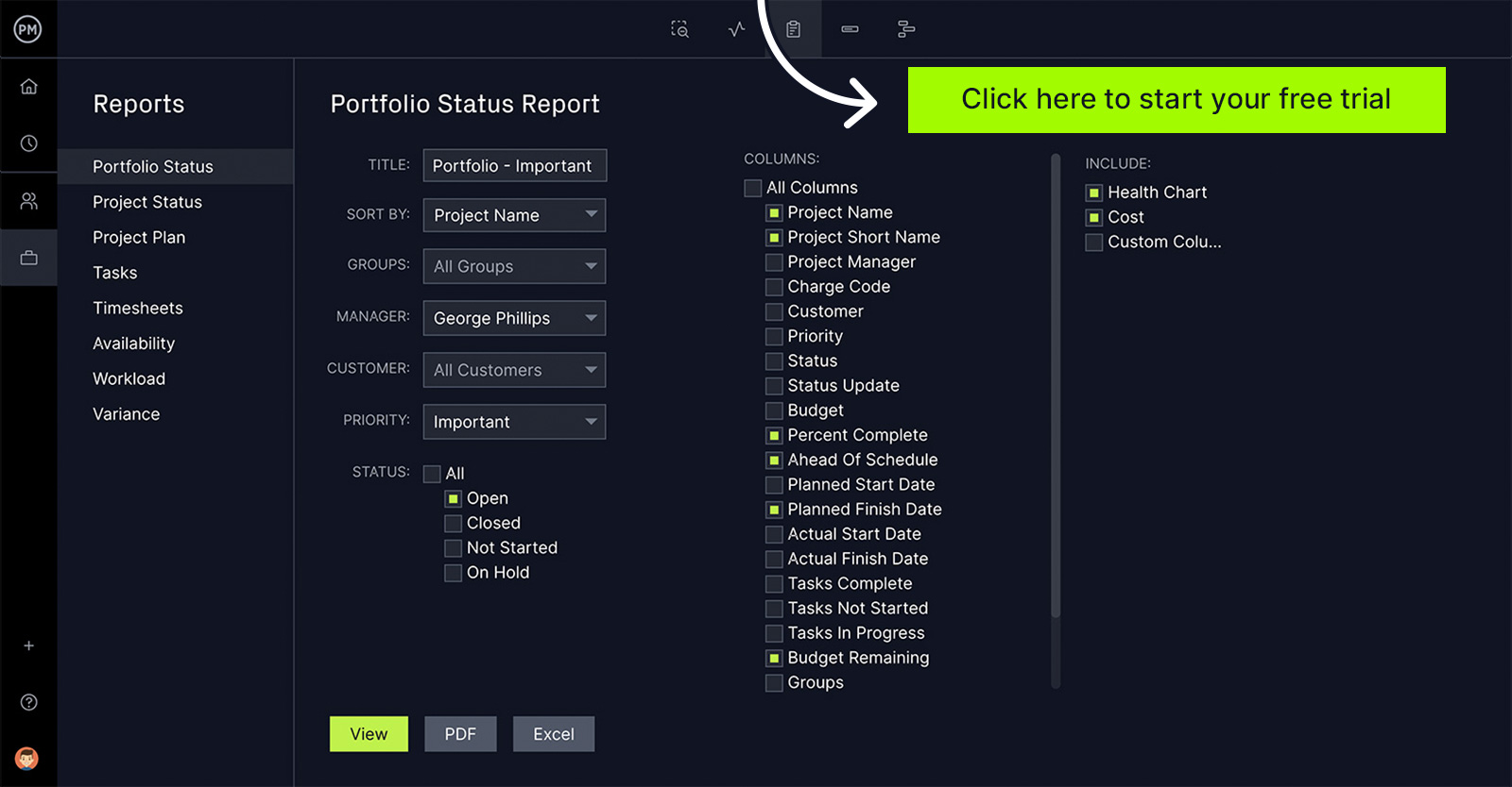 ProjectManager's portfolio status report filter