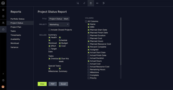A screenshot of the project reporting feature in ProjectManager