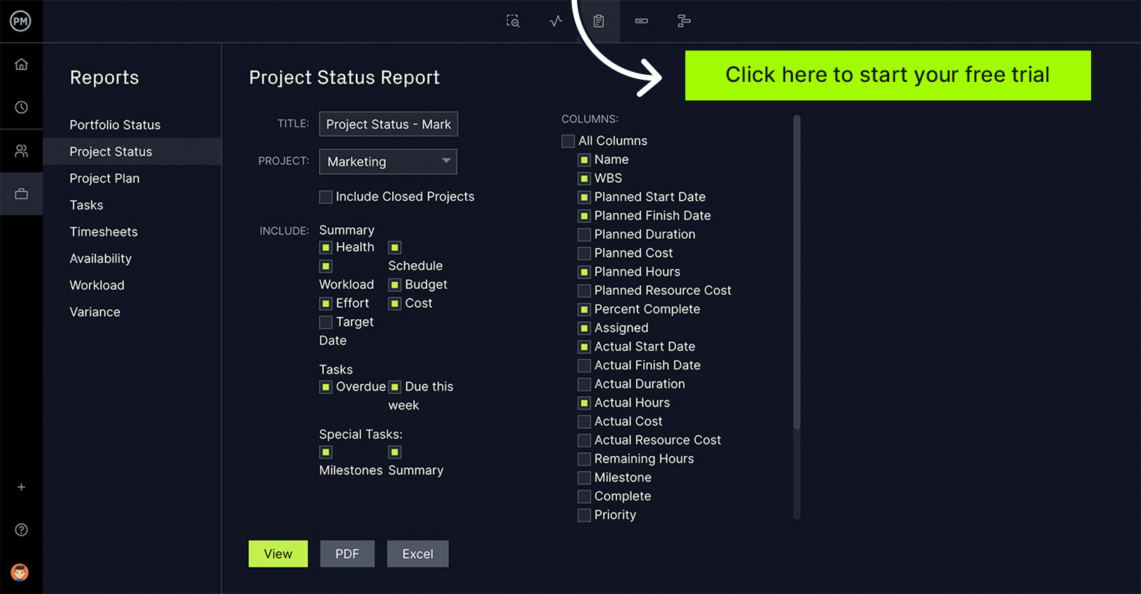 ProjectManager's status report filter, ideal for conducting a project audit