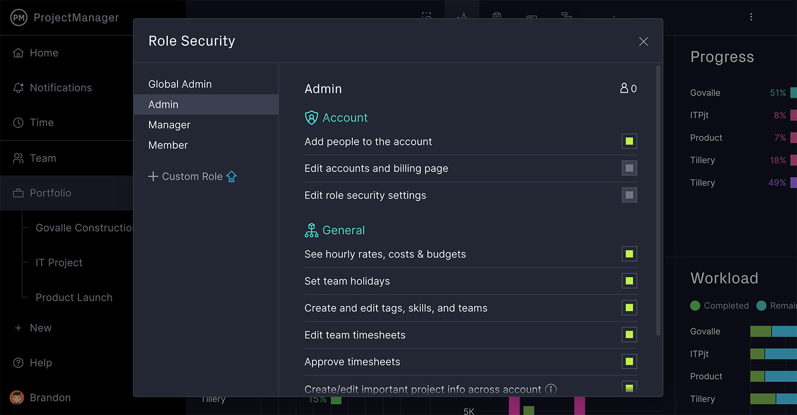 ProjectManager's security settings