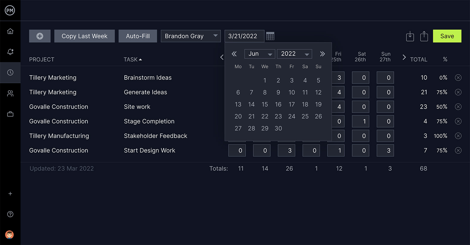 ProjectManager's timesheet with calendar popup