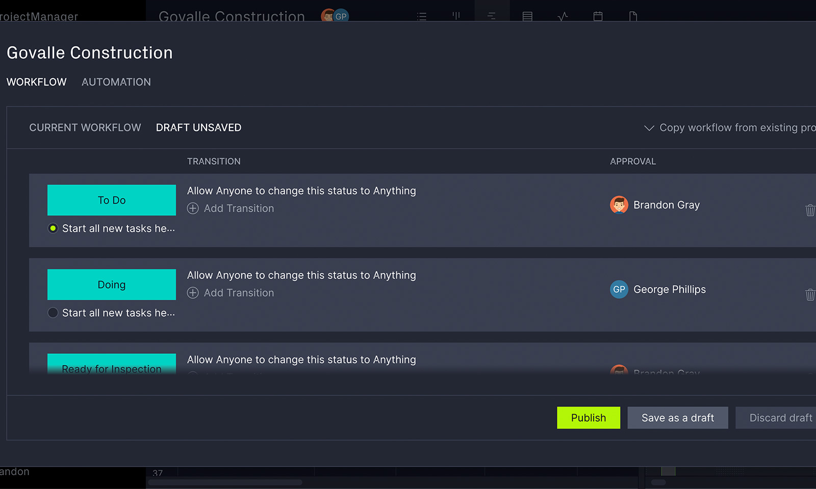 Project workflow builder for automation in ProjectManager