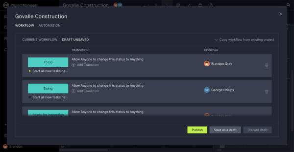 Set up workflow in ProjectManager