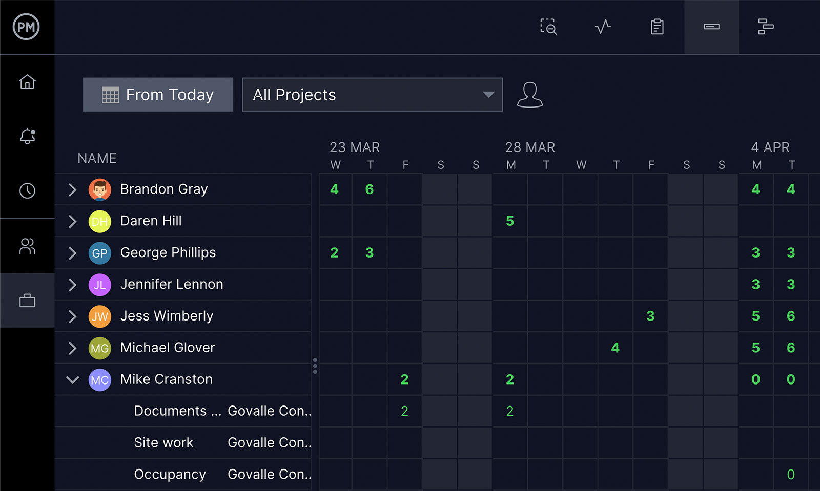 Manage your waterfall team's workload with ProjectManager's workload dashboard