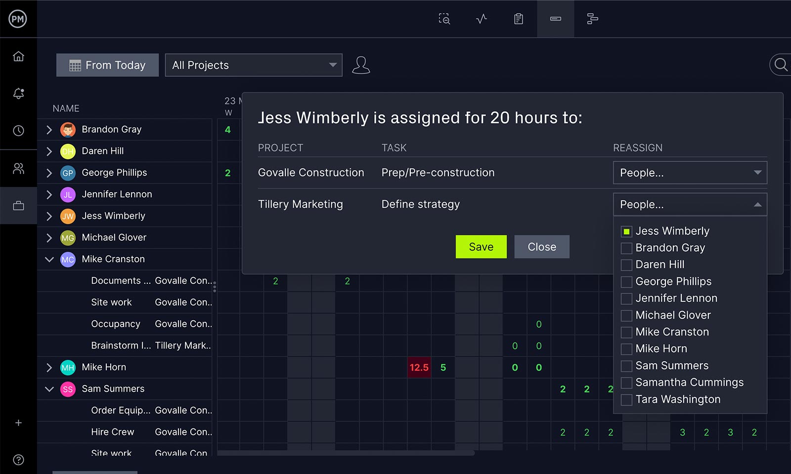 ProjectManager's workload chart with reassigning hours popup