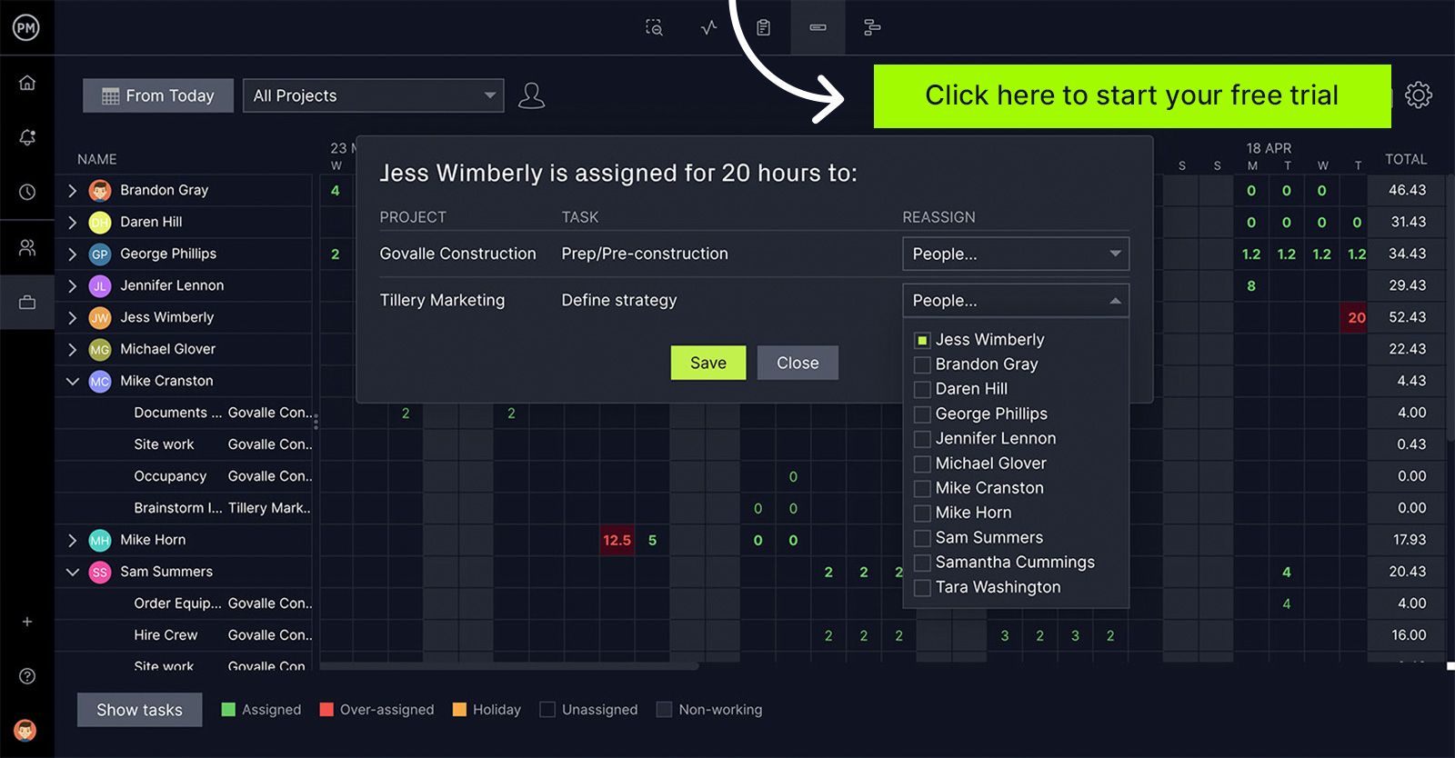 ProjectManager's workload chart with reassigning hours popup