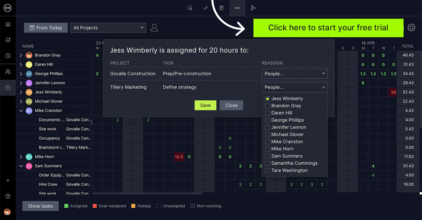 ProjectManager's workload chart with reassign popup