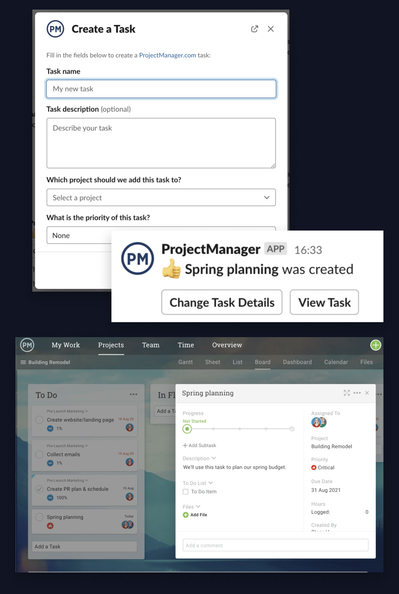 Three screenshots of the ProjectManager and Slack integration, superimposed onto each other. The top screenshot displays the 'Create a Task' screen in Slack. The second is a confirmation message in Slack that the task was created. The third image is that task being displayed in ProjectManager.