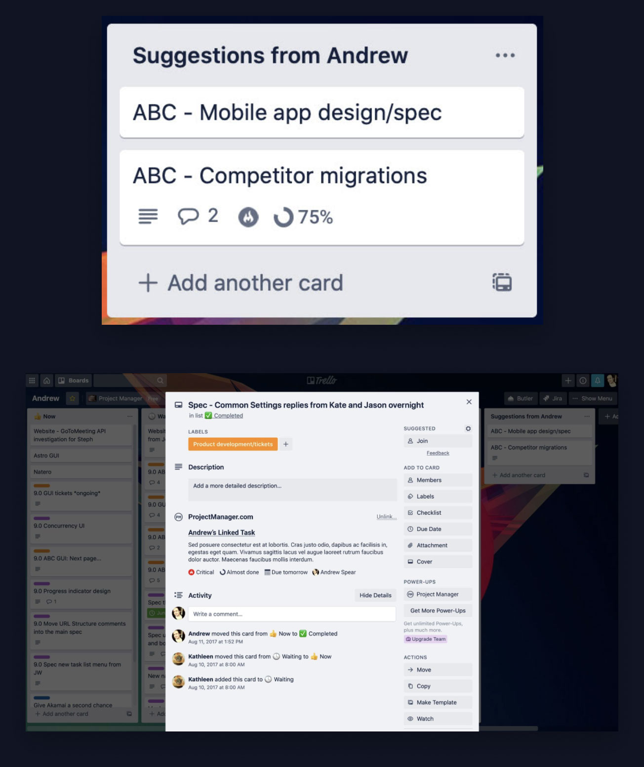 Two screenshots superimposed on top of each other. The top shows a screenshot of Trello attached to ProjectManager. You can choose a task to display in Trello. The second screenshot shows a task from ProjectManager displayed in Trello.
