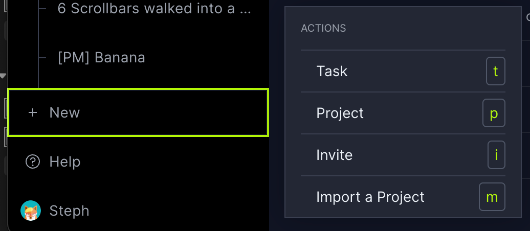 ProjectManager's keyboard shortcuts