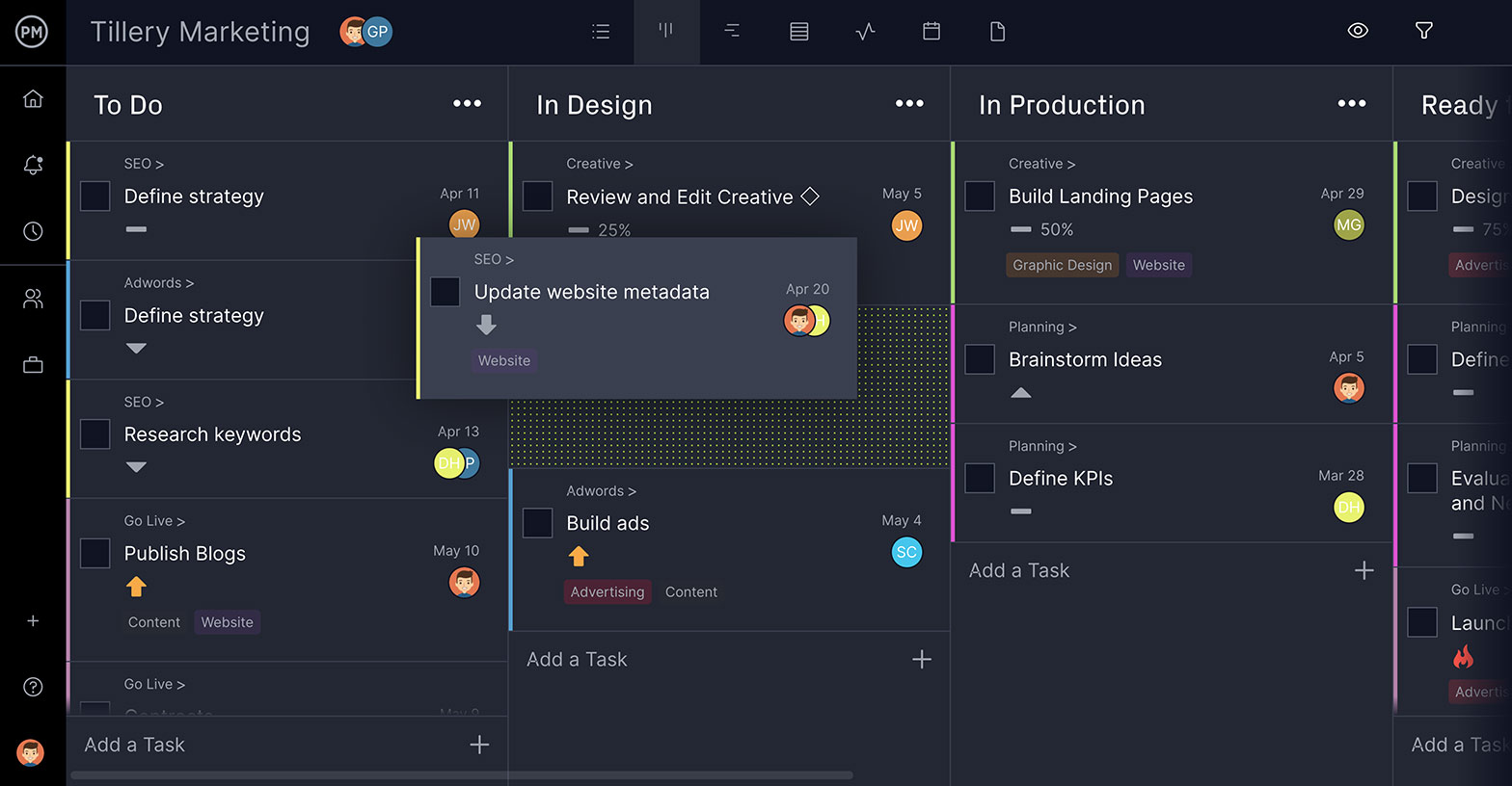 ProjectManager’s kanban board view, which shows different project phases