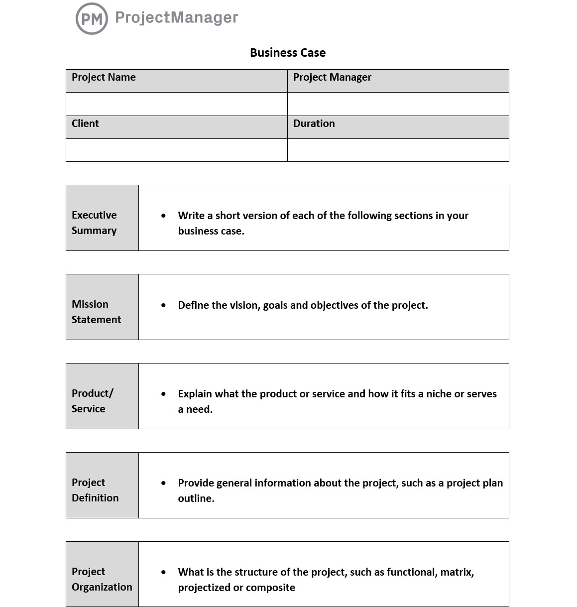Business case template in ProjectManager