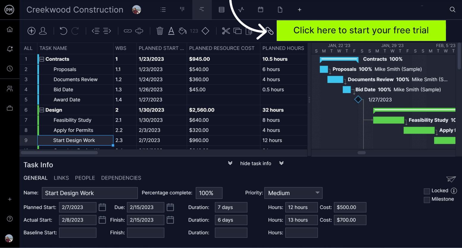 ProjectManager's Gantt charts are ideal to manage your sample project plan