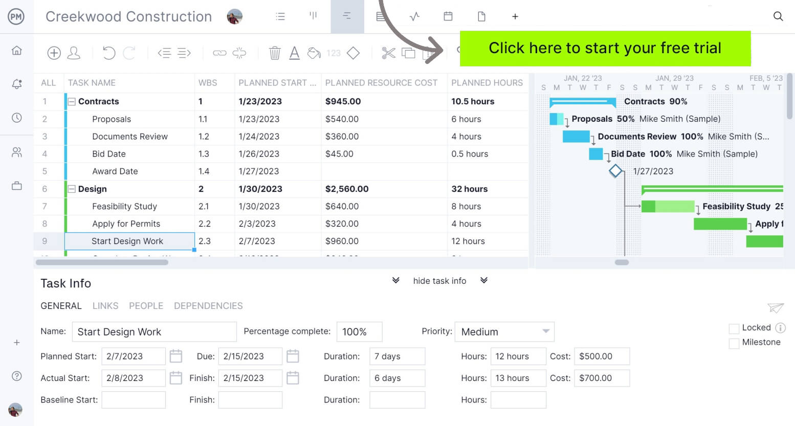 Gantt chart with task info panel