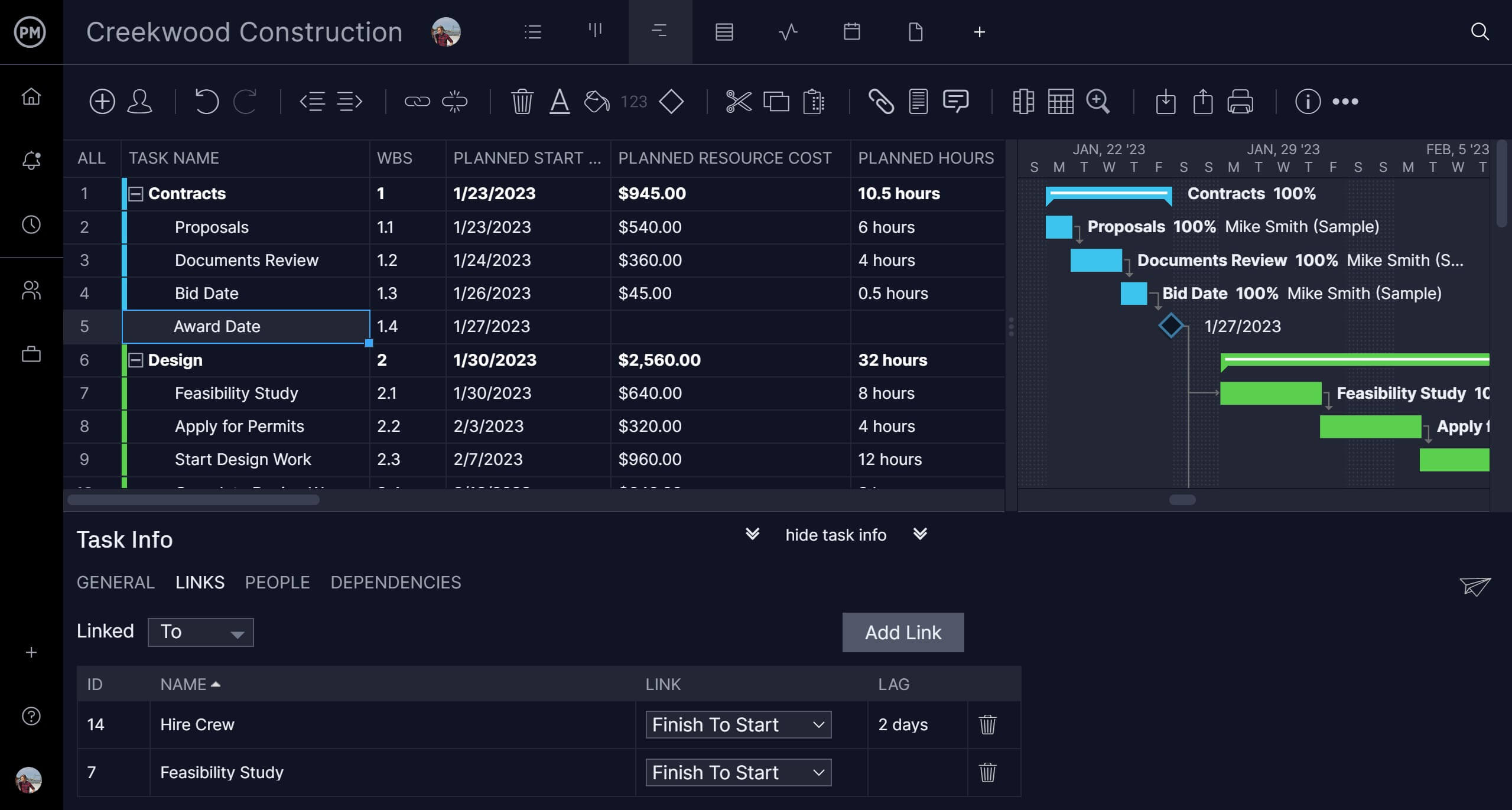 ProjectManager's Gantt chart lets you create project roadmaps and link task dependencies