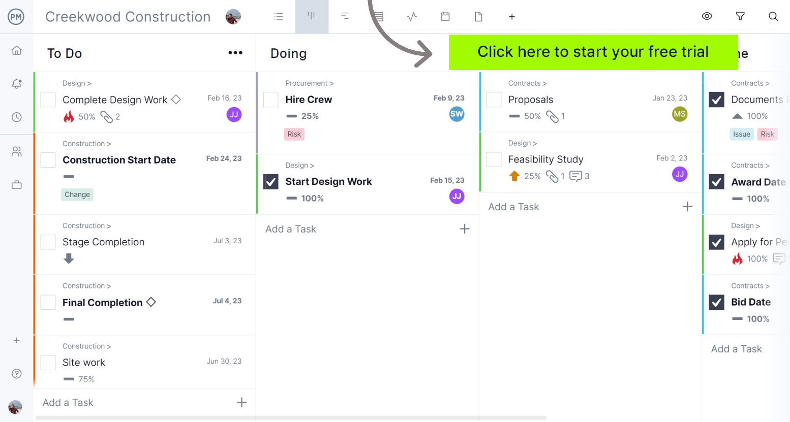 ProjectManager's Kanban cards on a digital kanban board