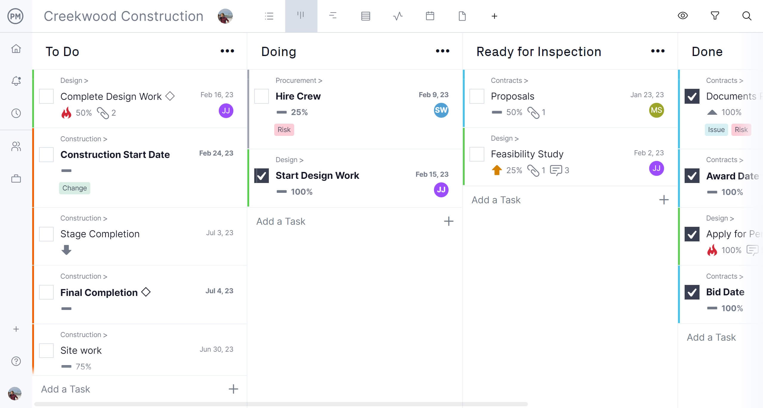 Screenshot of the kanban board in ProjectManager