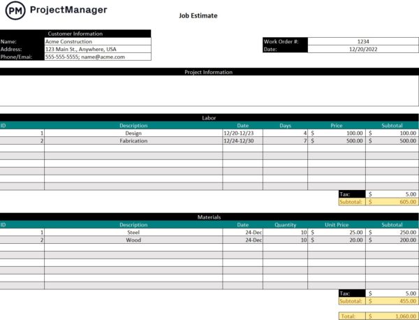 free job estimate template for excel